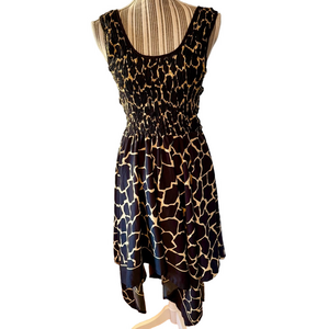 Rima beachwear black & tan animal print beach dress  handkerchief hem one size
